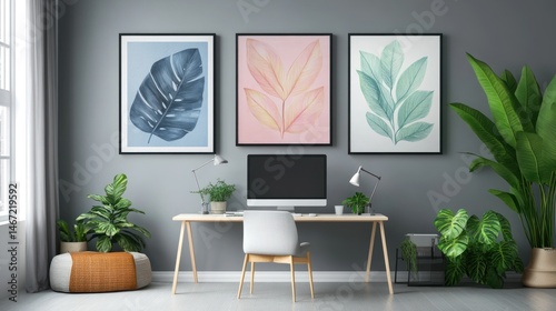 Modern home office with three botanical prints above a desk, plants, and a chair.