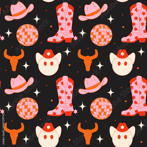 Cowgirl Stickers Seamless Pattern Background. Vector Design Elements. Wild West, Western Themed, Y2K.