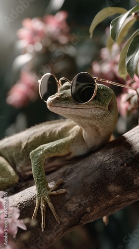Lizard wearing sunglasses on a branch amongst flowers