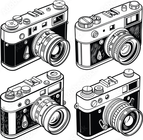 A set of old photographic equipment features a retro camera, vintage lenses, and classic accessories for film photography