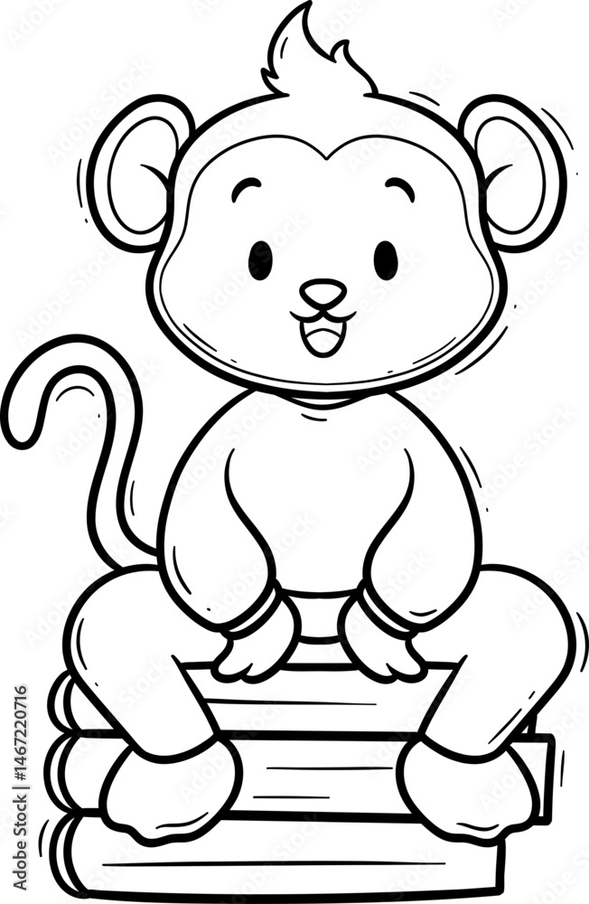 Naklejka premium Adorable Cartoon Monkey Sitting on Books Outline