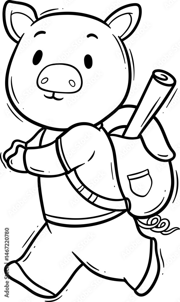 Cute Cartoon Pig Character with Backpack Outline Cute Cartoon Pig Character with Backpack Outline