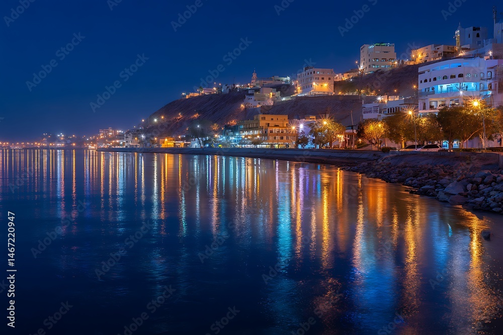 Naklejka premium Blue city night view with reflective river lights 