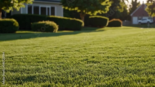 Serene suburban sunrise illuminating green lawn and architecture