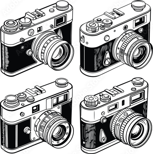 A collection of old photographic equipment features classic retro cameras with lenses, isolated in a vintage style