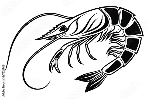146 Black and white illustration, stylized shrimp, detailed crustacean, side view, curved body, long antennae, segmented exoskeleton, sharp claws, bold graphic design, high contrast, clean lines, mini
