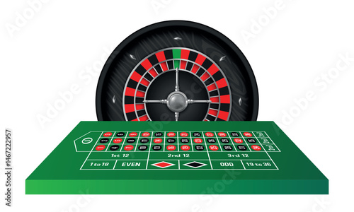 Roulette table and roulette wheel. Vector 3d illustration