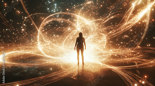 Cinematic image of a person standing with light streams and magnetic arcs flowing around 