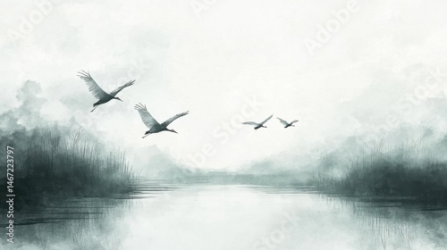 Sumi-e Ink Painting of Cranes Flying Over a Lake