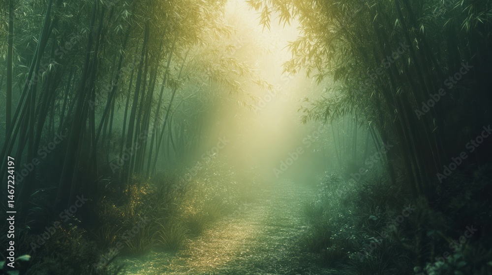Obraz premium Misty Bamboo Forest Path with Golden Sunlight