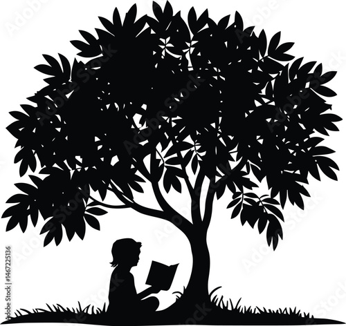 Silhouette of a young person reading a book under a shaded lush tree on a white background
