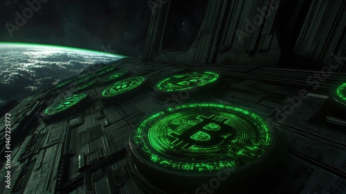 Fototapeta Naklejka Na Ścianę i Meble -  Futuristic space station orbiting earth showcasing advanced technology and green energy illuminated platforms with planetary overview