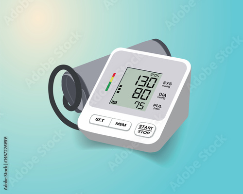 isolated medical objects, vector illustration of stethoscope, health bag, blood pressure monitor, oximeter, thermometer and medicine pills.