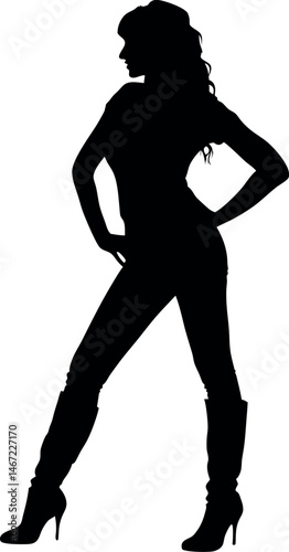 Confident Female Silhouette in High-Heeled Boots – Elegant Pose, Dynamic Stance, Fashion, Strength, Grace