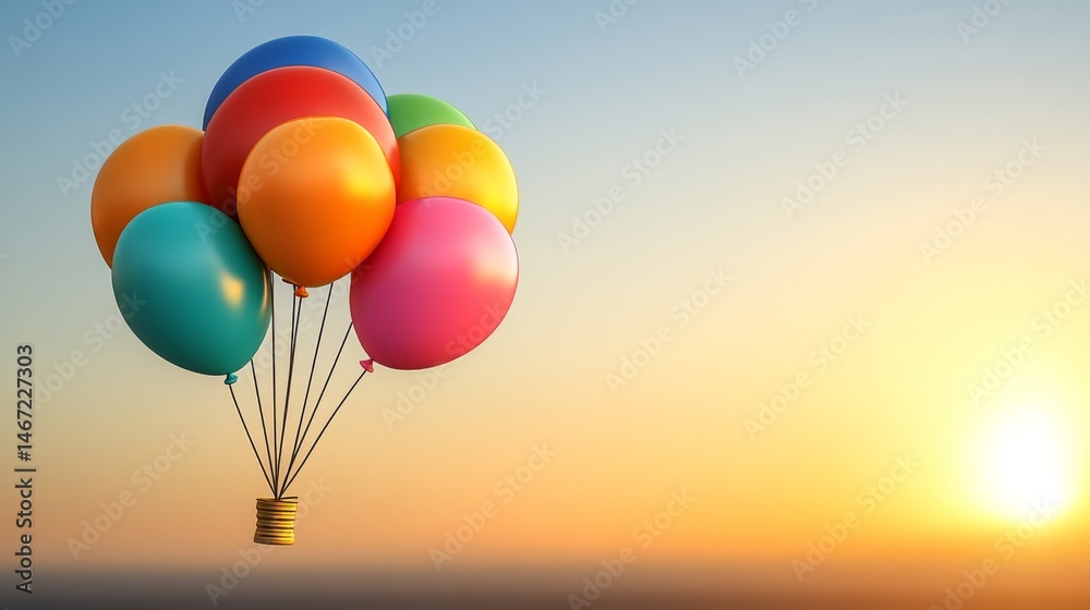 Obraz premium Colorful balloons floating in the sky during a beautiful sunset