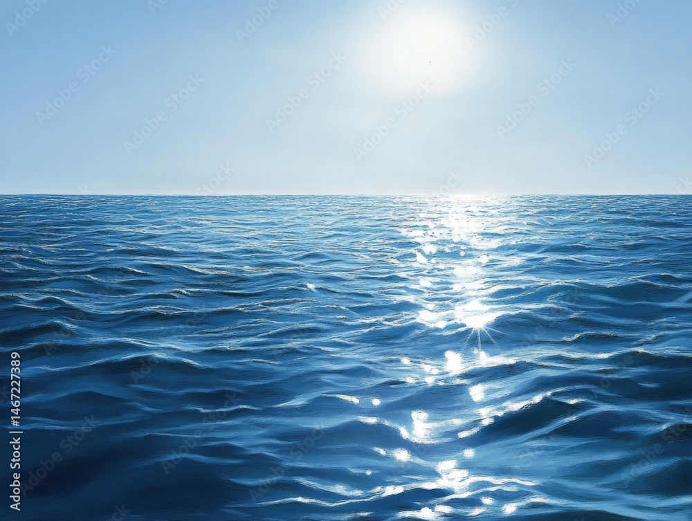 Obraz premium Ocean surface reflecting sun, clear sky, tranquil scene
