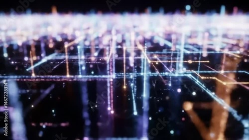 Abstract digital network, data flow, connection, technology, futuristic, glowing lines, nodes, points, grid, mesh, digital art, science fiction, background