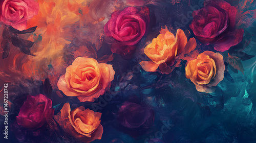 A vibrant background of colorful roses fills the scene with beauty and warmth.