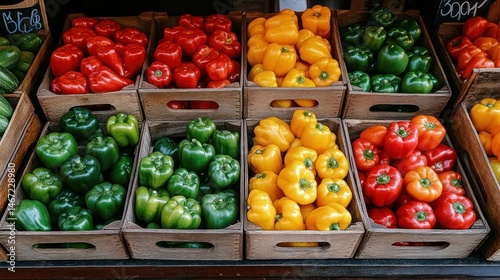 Fresh bell peppers in wooden crates at a market photo
