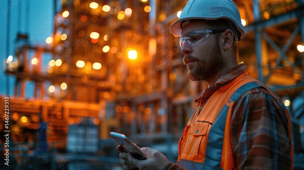 Obraz premium Professional construction worker with a tablet overlooking a cityscape at dusk. Urban planning and development concept for art design. Skilled civil engineer holding document while working. AIG53.