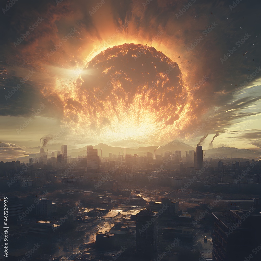 Fototapeta premium Apocalyptic sunrise over a devastated city