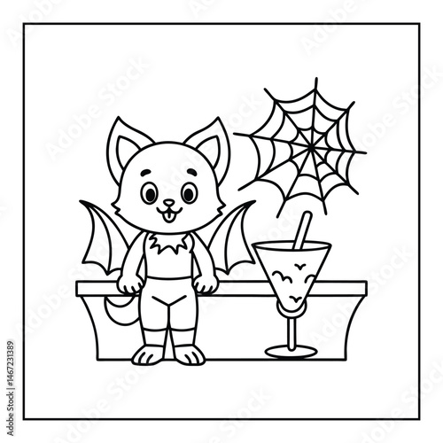 Summer Bat and spider web With table gin and tonic Vector Coloring Page 