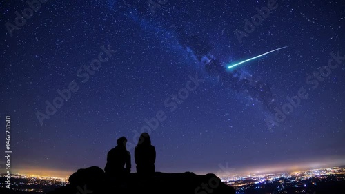 Couple stargazing as shooting star trails across night sky over cityscape