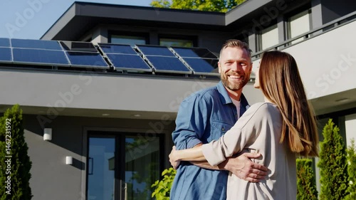 Happy couple embracing outside modern ecofriendly house with solar panels