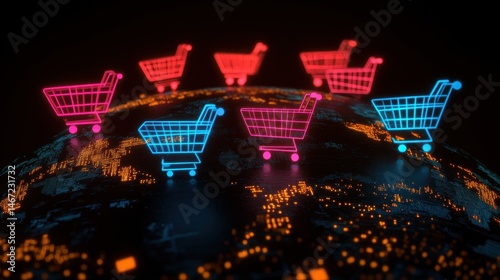 Vibrant shopping carts glowing in a digital landscape symbolising online retail trends and e-commerce innovation in the futuristic marketplace