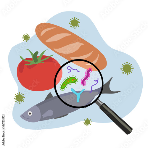 Contaminated foods, food poisoning ,food safety and biotechnology research concept. Microcsope display becteria and virus from unclean food testing on table with flies around.