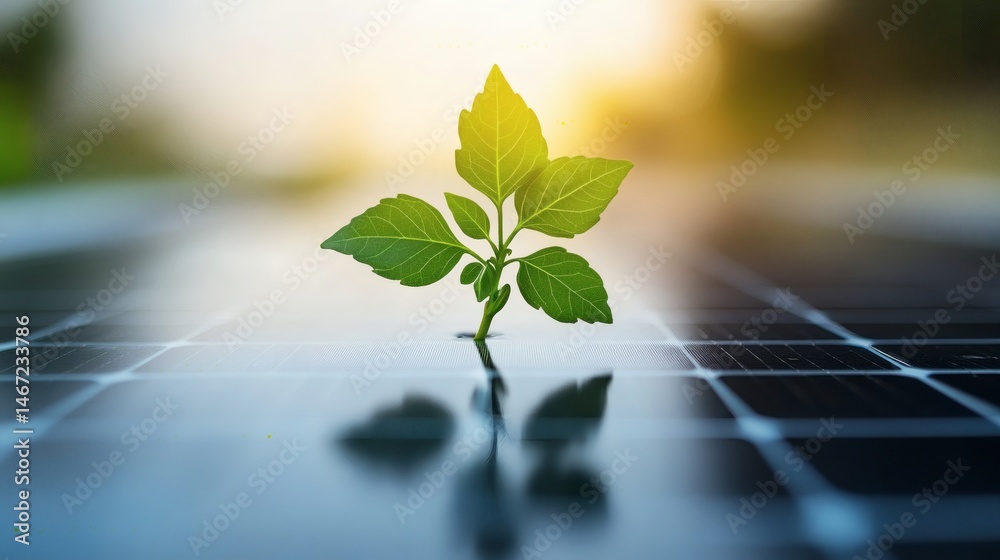 Sprout on solar panel representing eco-friendly power, renewable resources, and the future of sustainable environmental technology