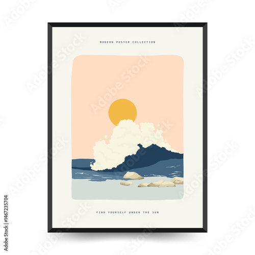 Editable vector poster with summer themes: beach, sea, sun, waves, umbrellas. Minimalist style, easy to customize, ideal for print, decor, and social media.