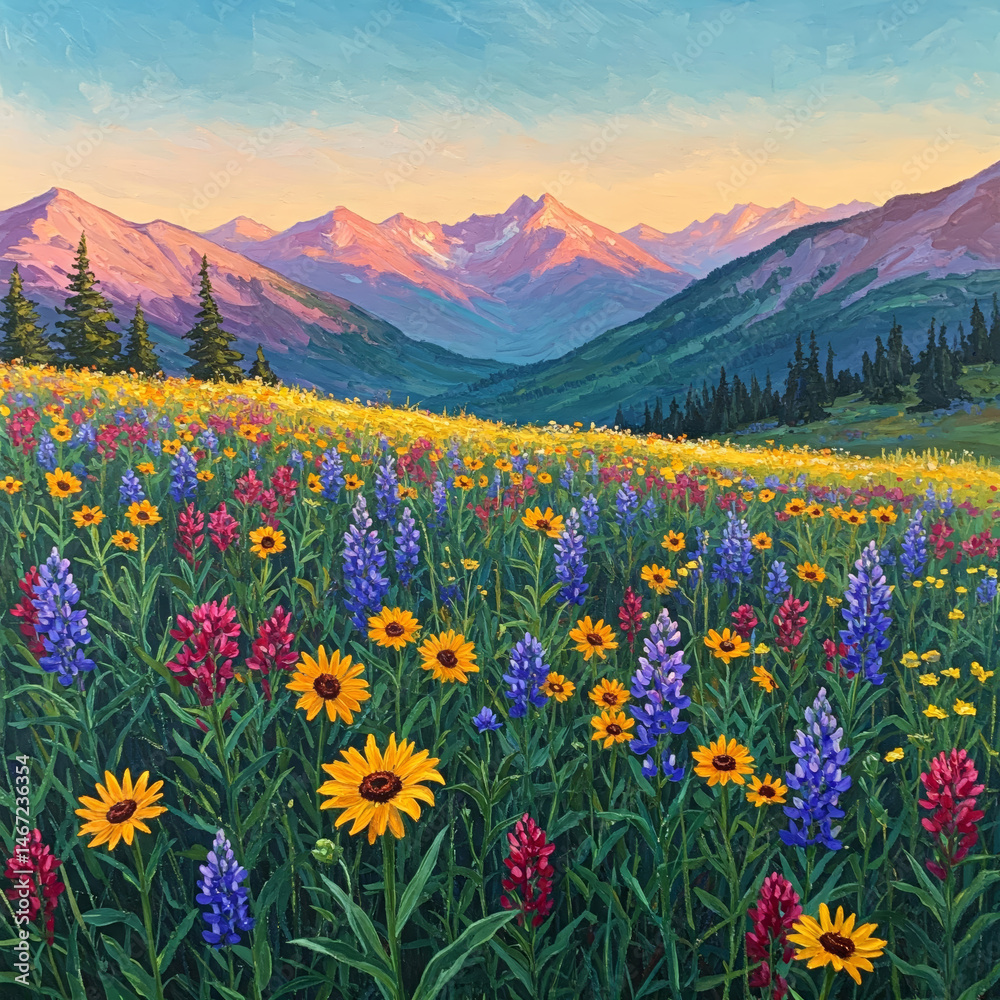 Fototapeta premium Vibrant wildflowers in scenic mountain landscape at sunset