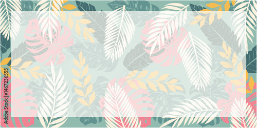  Colorful tropical leaves decoration illustration. Summer leaves and plant pattern background. Vector illustration