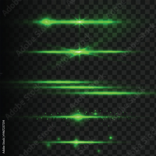 Glowing green stripes. Pack of horizontal glare, laser beams.Light rays.Vector illustration.