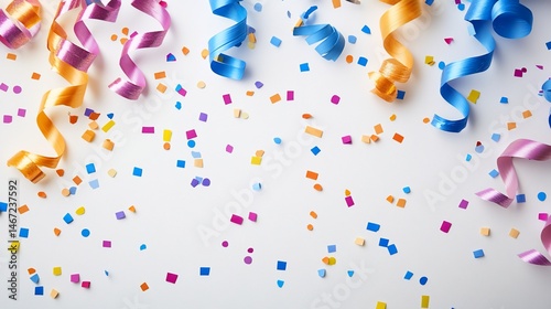 Festive Celebration: Colorful Ribbons and Confetti on White Background