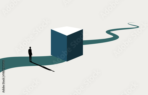 Businessman looking at cube blocking his way, business obstacle, career challenge concept, minimal business design.