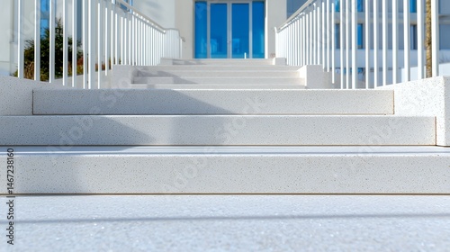 Walking Up White Concrete Steps Towards a Building with Blue Glass Doors