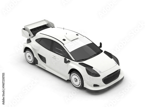 All white modern rally car template isolated on white background. 3D illustration. Top, front and right view.