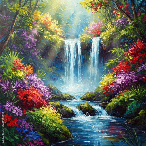 Vibrant waterfall surrounded by colorful flowers and lush greenery