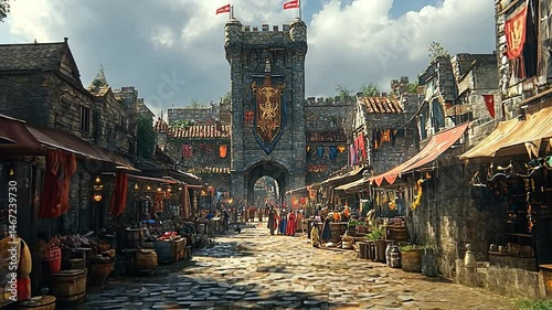 Vibrant medieval marketplace with bustling activity, historic architecture, and colorful banners