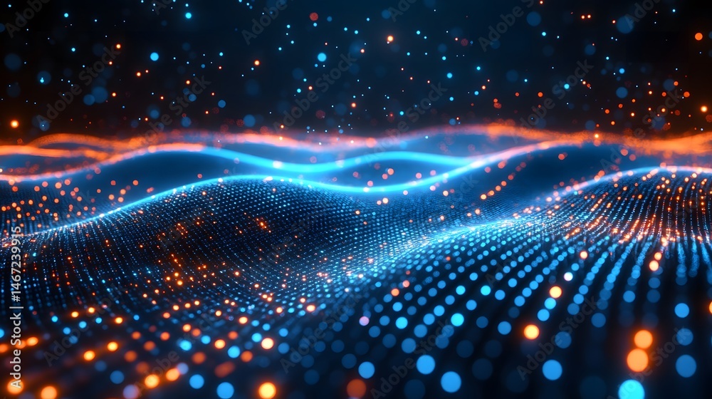 Fototapeta premium Dark Blue Background with Glowing Particles and Glitter: Abstract Tech Video Background with Dynamic Effects