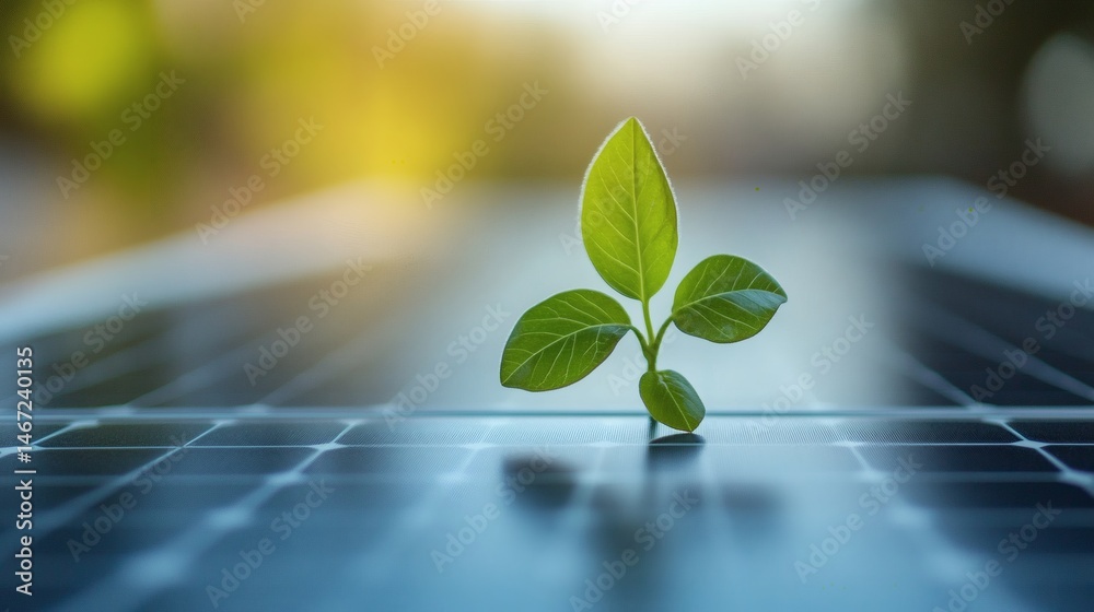 Sprout on solar panel representing eco-friendly power, renewable resources, and the future of sustainable environmental technology