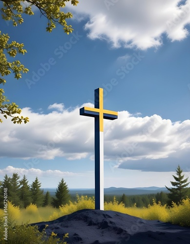 A cross atop a hill surrounded by trees under a clear blue sky