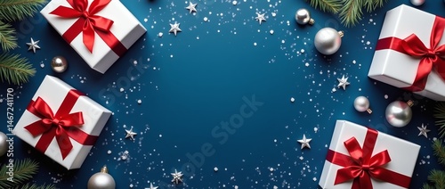 Merry Christmas flat lay with gifts, silver ornaments, and pine on blue