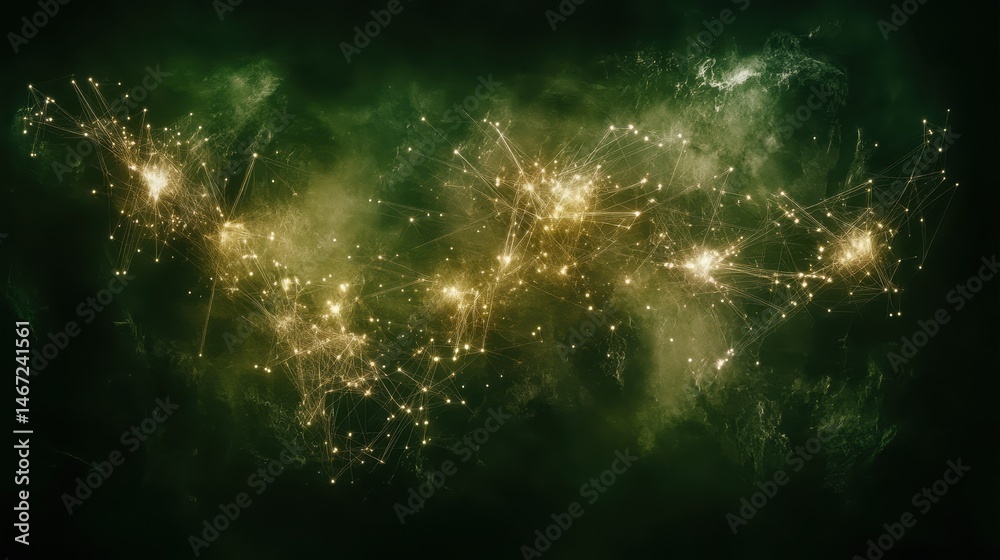 Fototapeta premium Ethereal nebula constellation with glowing golden sparkles in deep green cosmic space digital artwork for magical celestial backgrounds