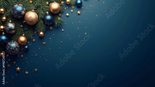 Elegant blue and gold Christmas background with ornaments and stars