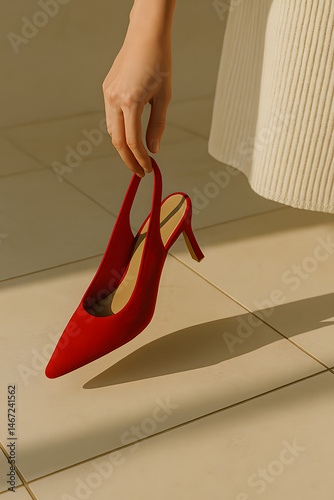 Close-up of a woman's hand picking up a red stiletto heel from a sunlit tiled floor, evoking elegance and style..
