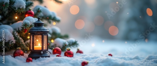 Cozy Christmas scene with a lantern in the snow