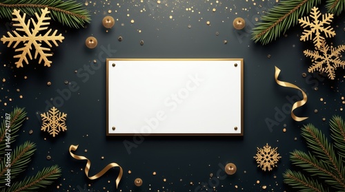 Elegant Christmas flat lay with white card, gold snowflakes, and pine